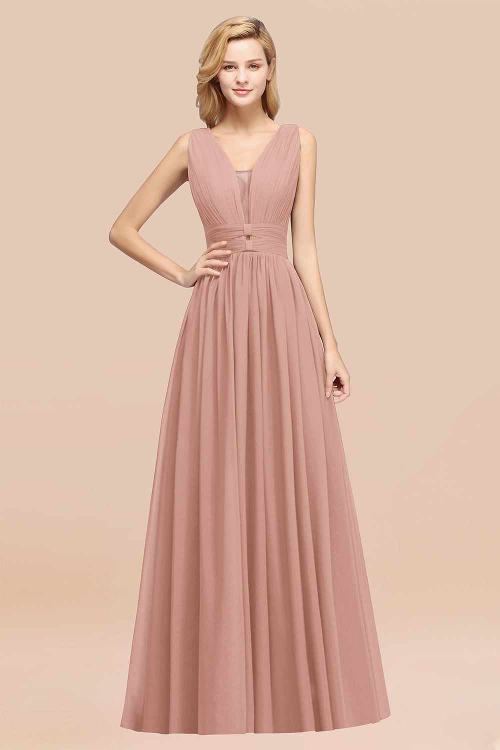 Modest Dark Green Long Bridesmaid Dress Deep V-Neck Chiffon Maid of Honor Dress-Babyonlines