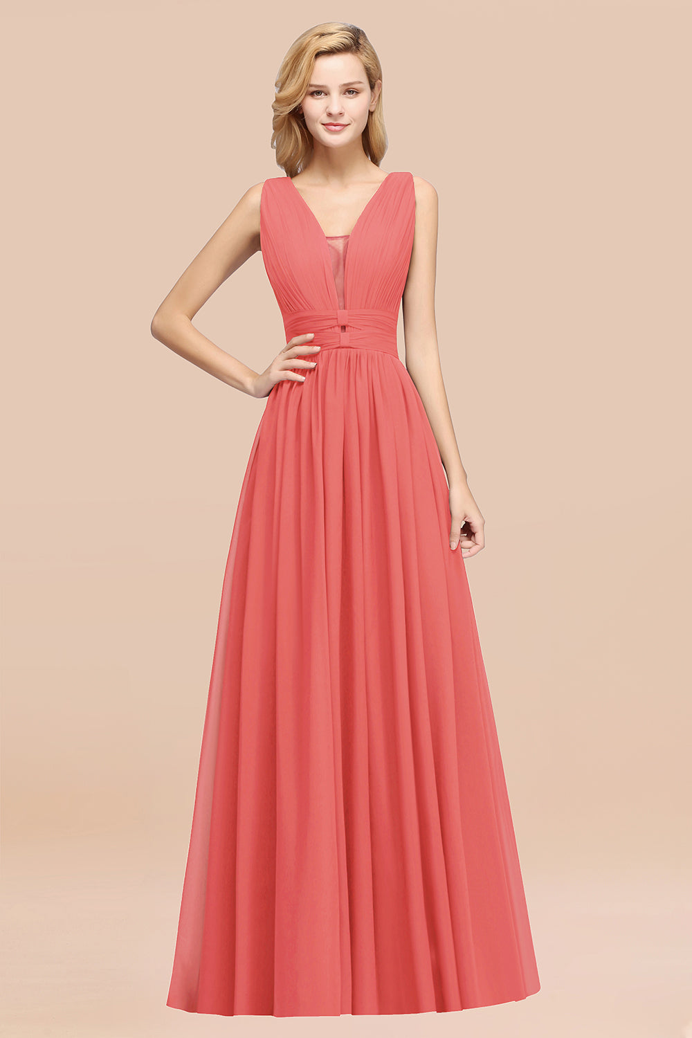 Modest Dark Green Long Bridesmaid Dress Deep V-Neck Chiffon Maid of Honor Dress-Babyonlines