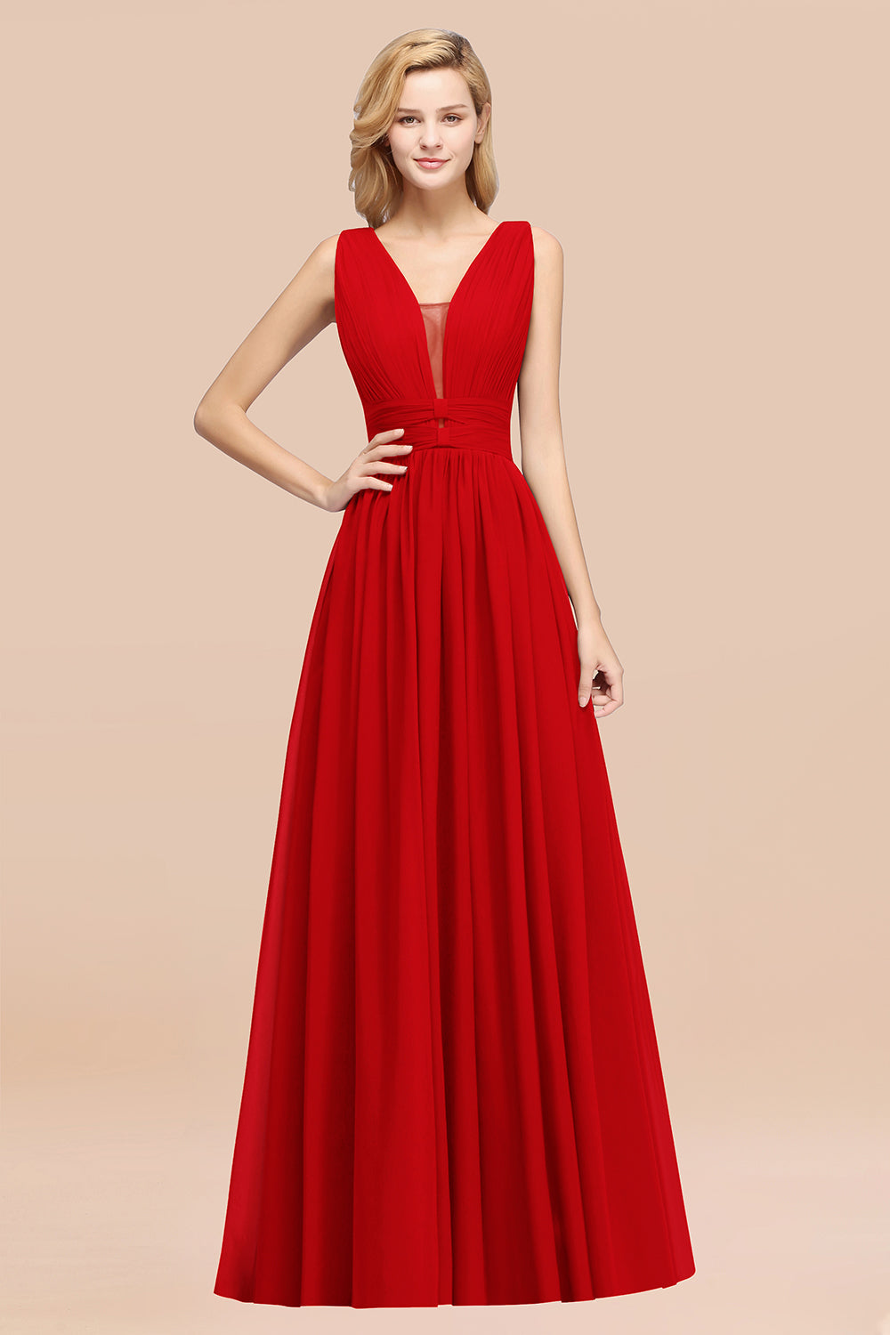 Modest Dark Green Long Bridesmaid Dress Deep V-Neck Chiffon Maid of Honor Dress-Babyonlines