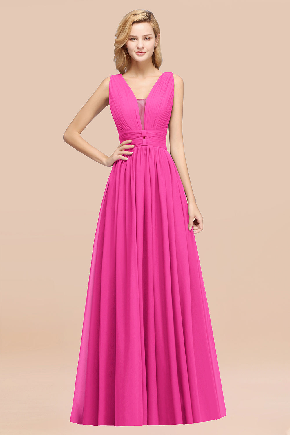 Modest Dark Green Long Bridesmaid Dress Deep V-Neck Chiffon Maid of Honor Dress-Babyonlines
