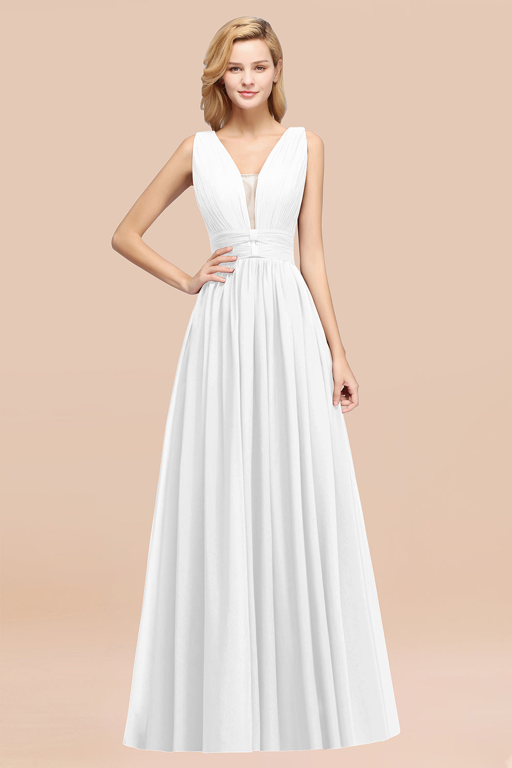 Modest Dark Green Long Bridesmaid Dress Deep V-Neck Chiffon Maid of Honor Dress-Babyonlines