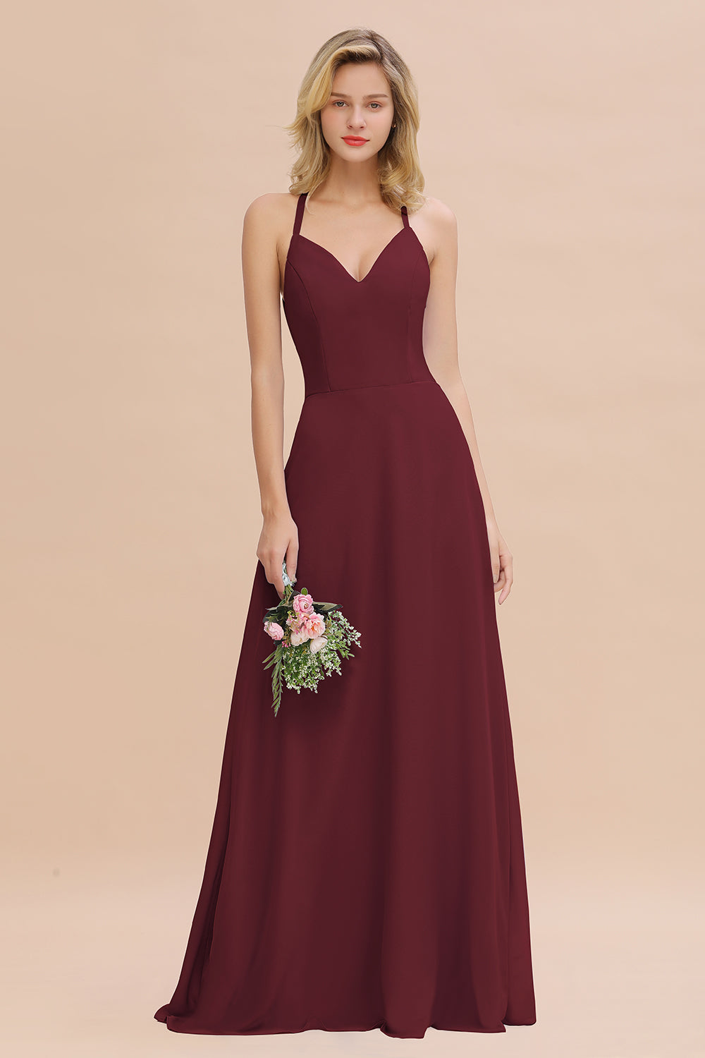 Modest Halter V-Neck Sleeveless Long Bridesmaid Dresses Online-Babyonlines