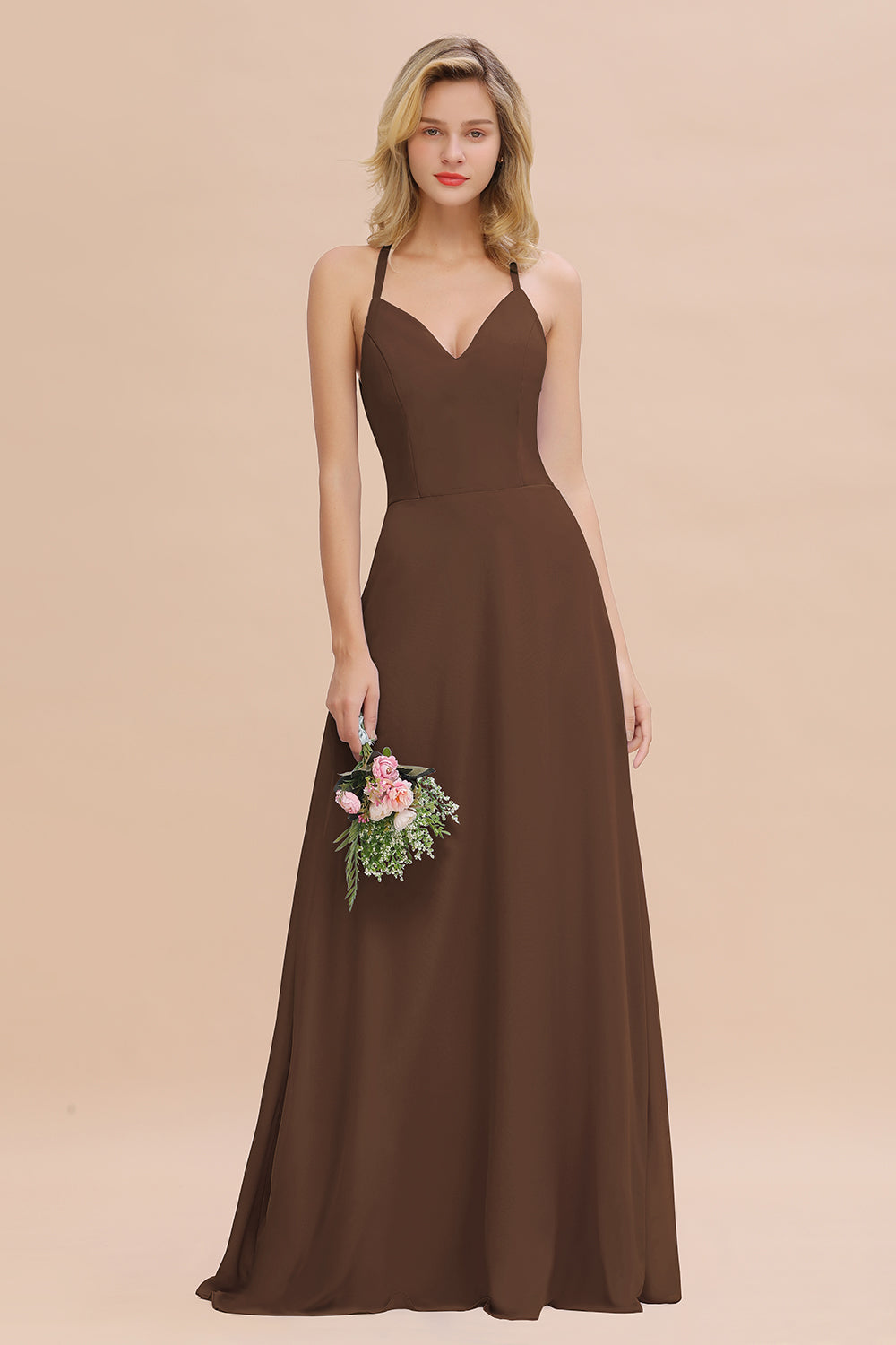 Modest Halter V-Neck Sleeveless Long Bridesmaid Dresses Online-Babyonlines