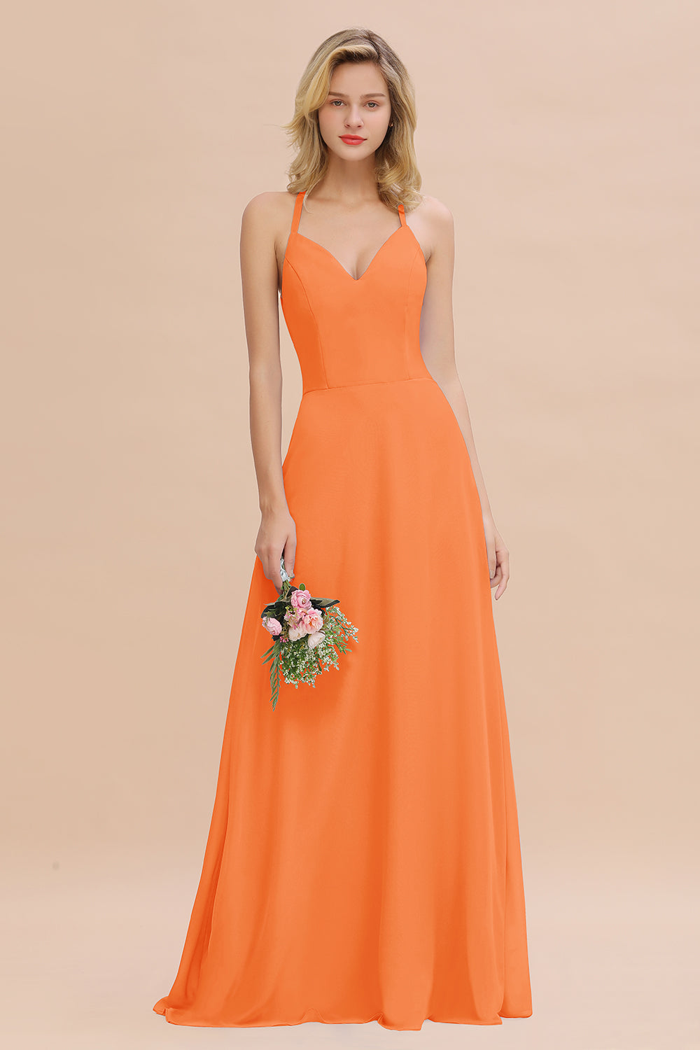 Modest Halter V-Neck Sleeveless Long Bridesmaid Dresses Online-Babyonlines