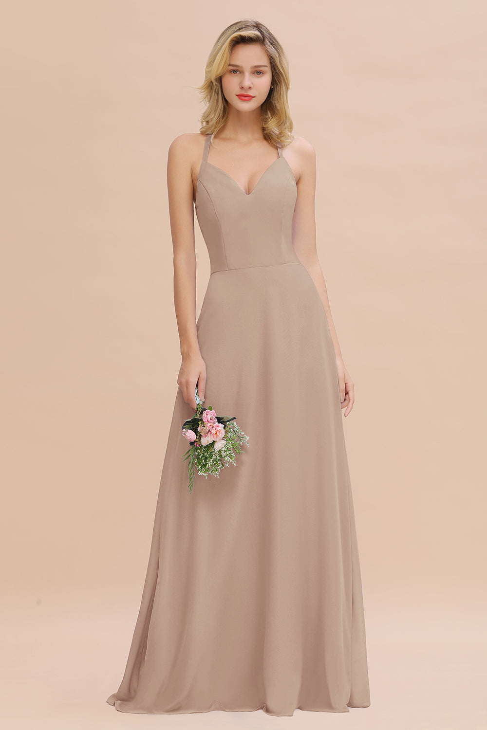 Modest Halter V-Neck Sleeveless Long Bridesmaid Dresses Online-Babyonlines