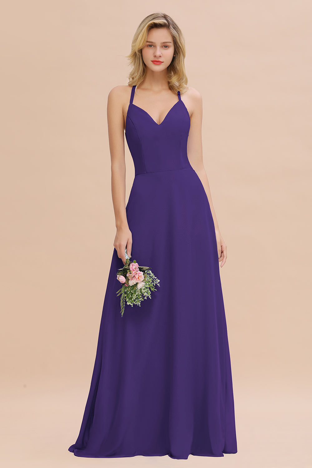 Modest Halter V-Neck Sleeveless Long Bridesmaid Dresses Online-Babyonlines