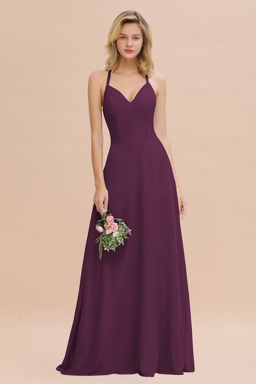 Modest Halter V-Neck Sleeveless Long Bridesmaid Dresses Online-Babyonlines