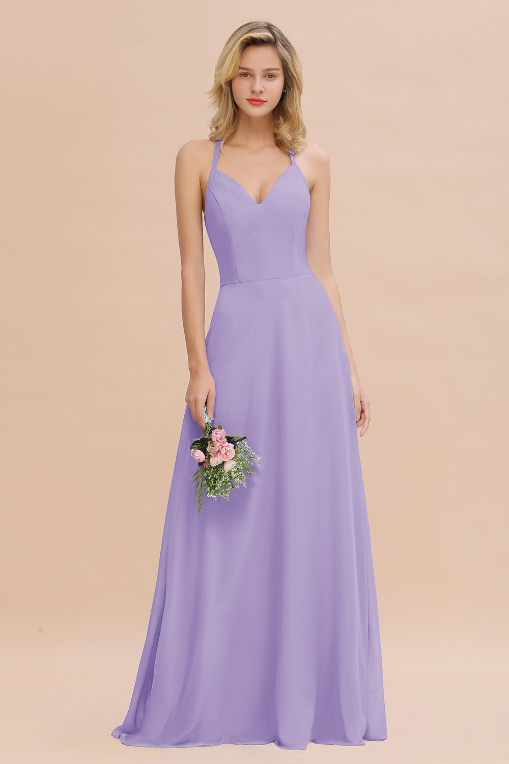Modest Halter V-Neck Sleeveless Long Bridesmaid Dresses Online-Babyonlines