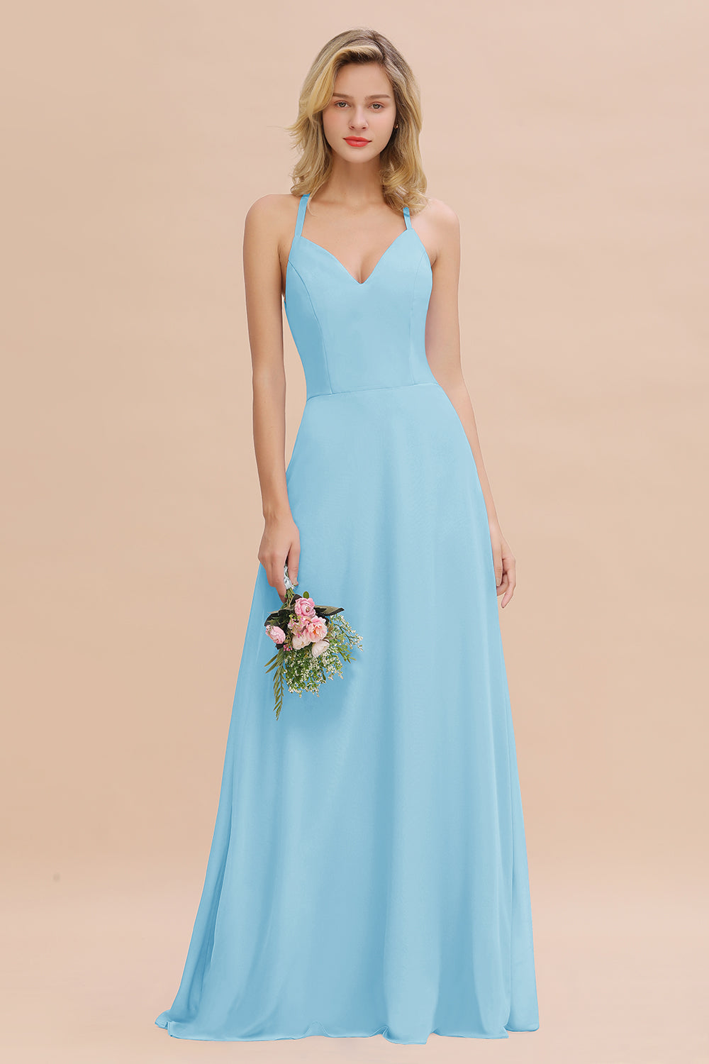 Modest Halter V-Neck Sleeveless Long Bridesmaid Dresses Online-Babyonlines