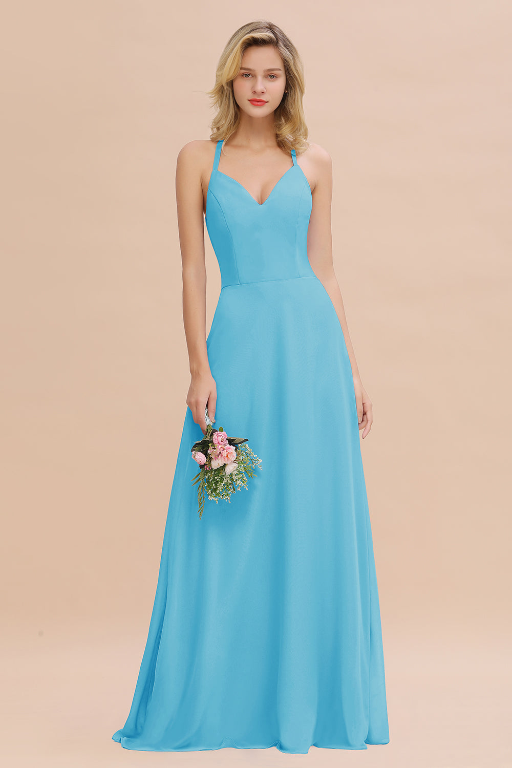 Modest Halter V-Neck Sleeveless Long Bridesmaid Dresses Online-Babyonlines