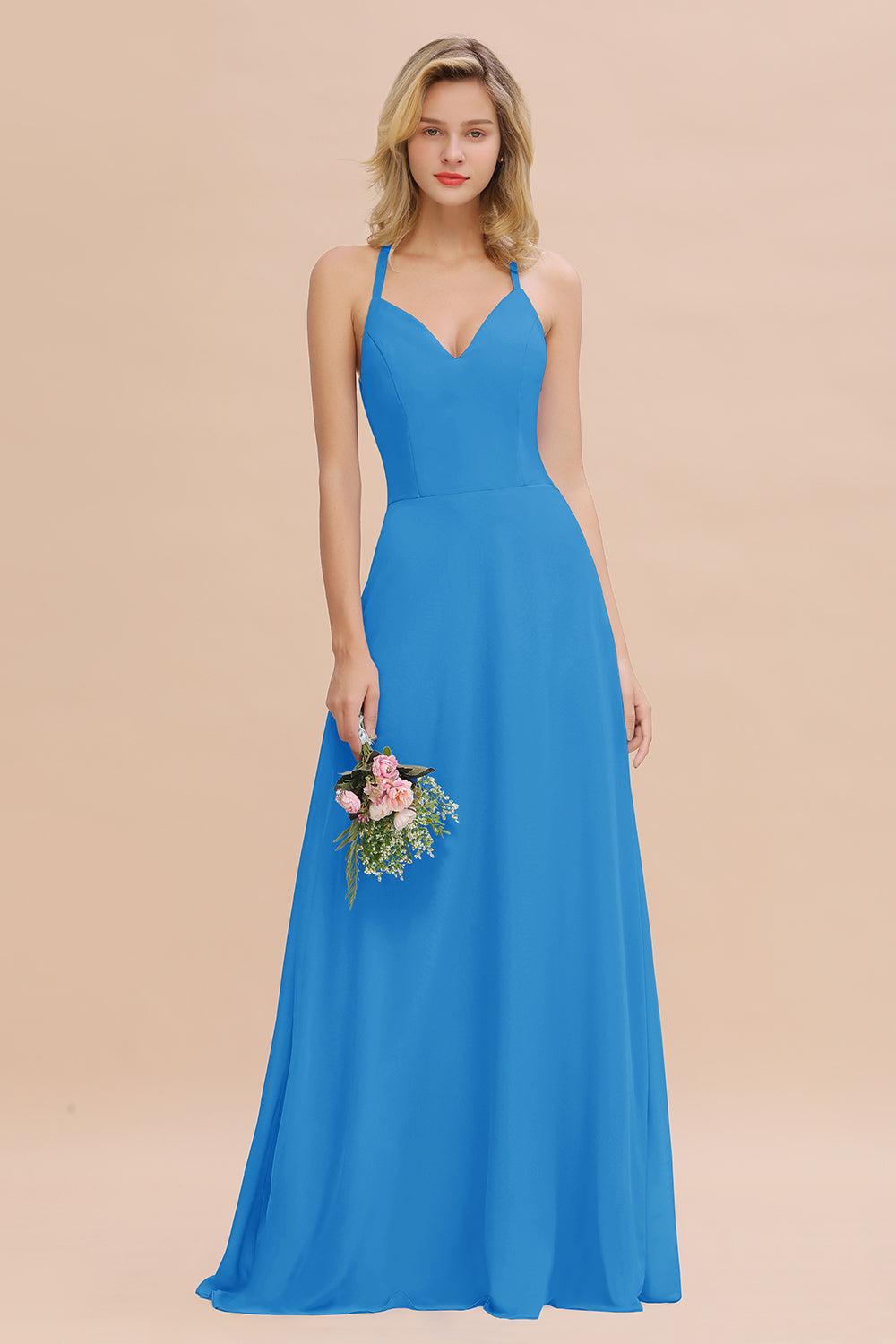 Modest Halter V-Neck Sleeveless Long Bridesmaid Dresses Online-Babyonlines