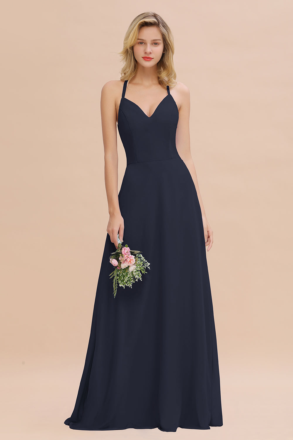 Modest Halter V-Neck Sleeveless Long Bridesmaid Dresses Online-Babyonlines