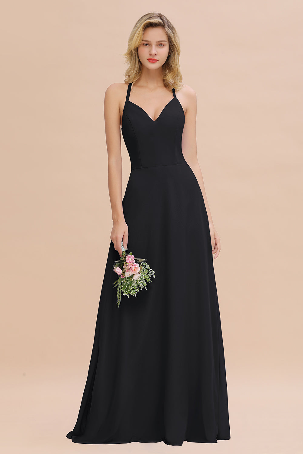 Modest Halter V-Neck Sleeveless Long Bridesmaid Dresses Online-Babyonlines