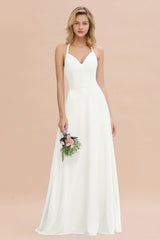 Modest Halter V-Neck Sleeveless Long Bridesmaid Dresses Online-Babyonlines