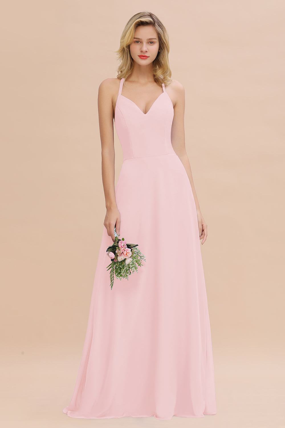 Modest Halter V-Neck Sleeveless Long Bridesmaid Dresses Online-Babyonlines