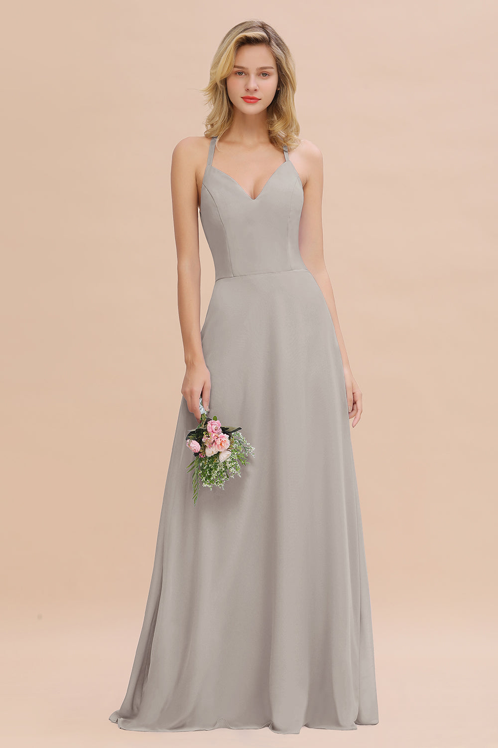 Modest Halter V-Neck Sleeveless Long Bridesmaid Dresses Online-Babyonlines