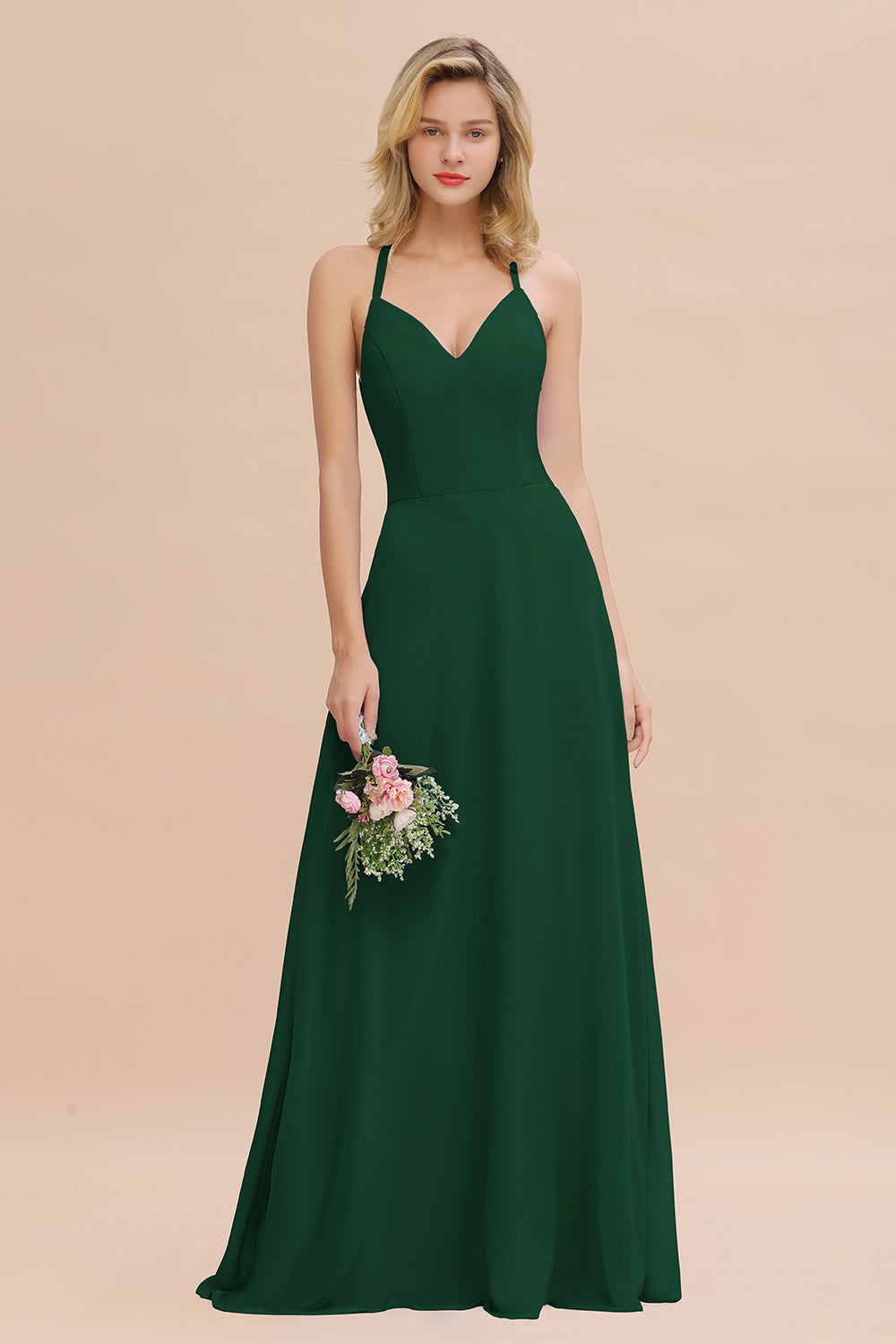 Modest Halter V-Neck Sleeveless Long Bridesmaid Dresses Online-Babyonlines