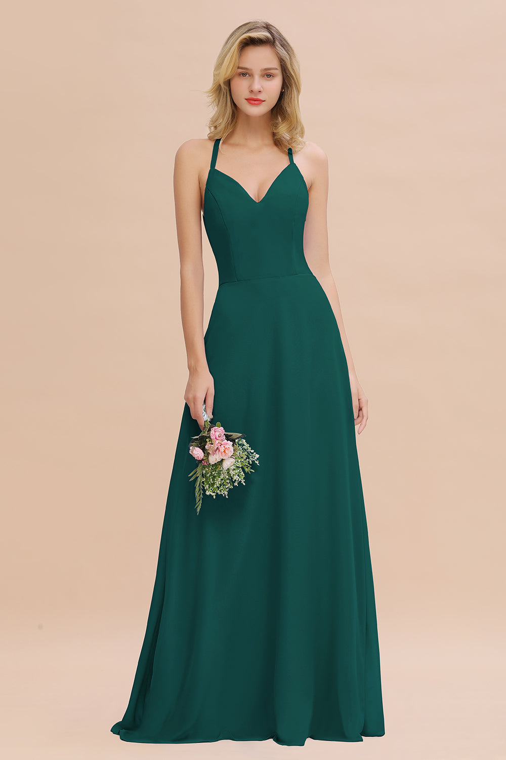 Modest Halter V-Neck Sleeveless Long Bridesmaid Dresses Online-Babyonlines