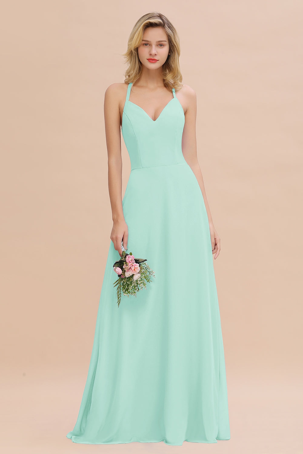 Modest Halter V-Neck Sleeveless Long Bridesmaid Dresses Online-Babyonlines