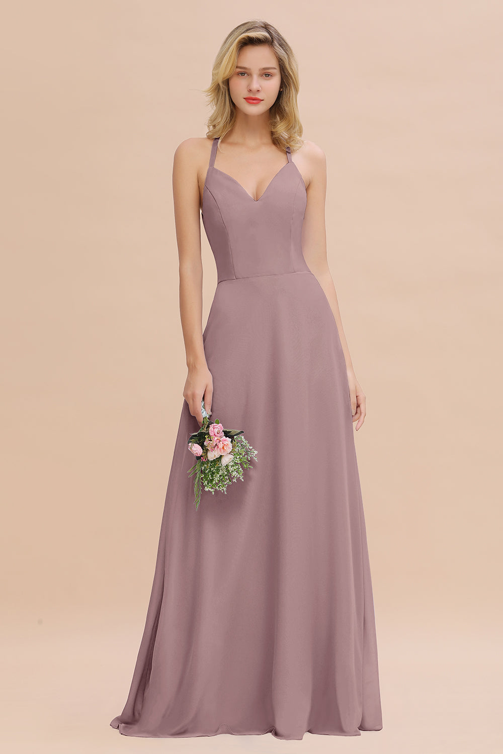 Modest Halter V-Neck Sleeveless Long Bridesmaid Dresses Online-Babyonlines