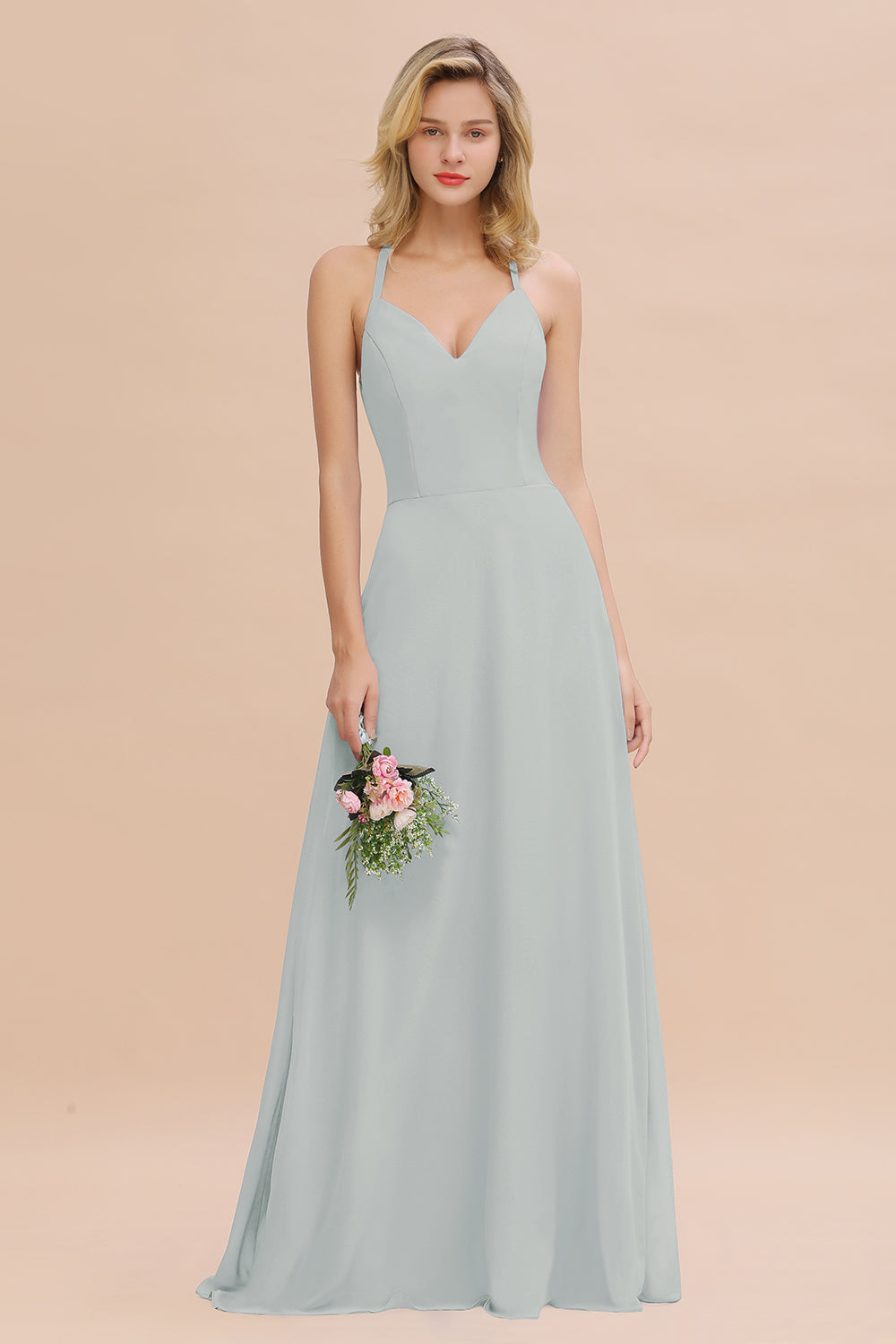Modest Halter V-Neck Sleeveless Long Bridesmaid Dresses Online-Babyonlines