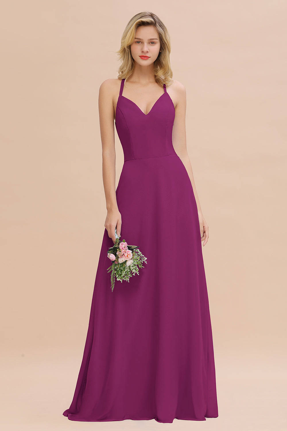 Modest Halter V-Neck Sleeveless Long Bridesmaid Dresses Online-Babyonlines