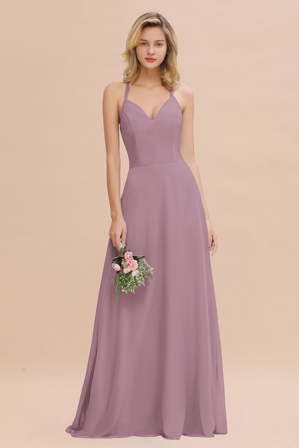 Modest Halter V-Neck Sleeveless Long Bridesmaid Dresses Online-Babyonlines