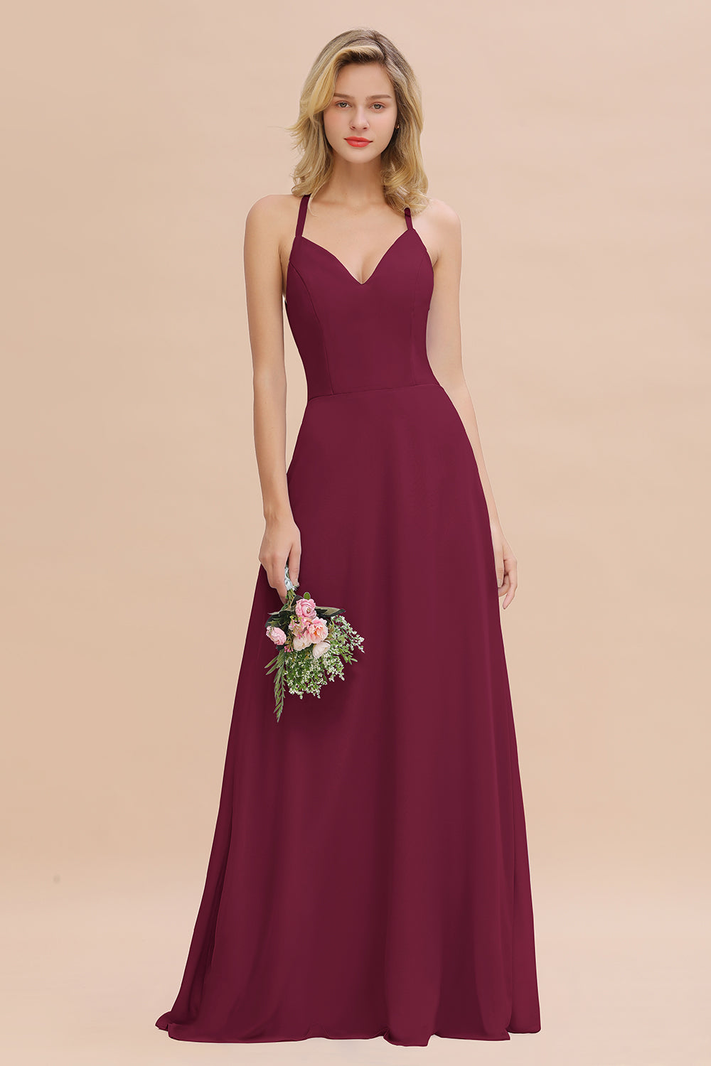 Modest Halter V-Neck Sleeveless Long Bridesmaid Dresses Online-Babyonlines