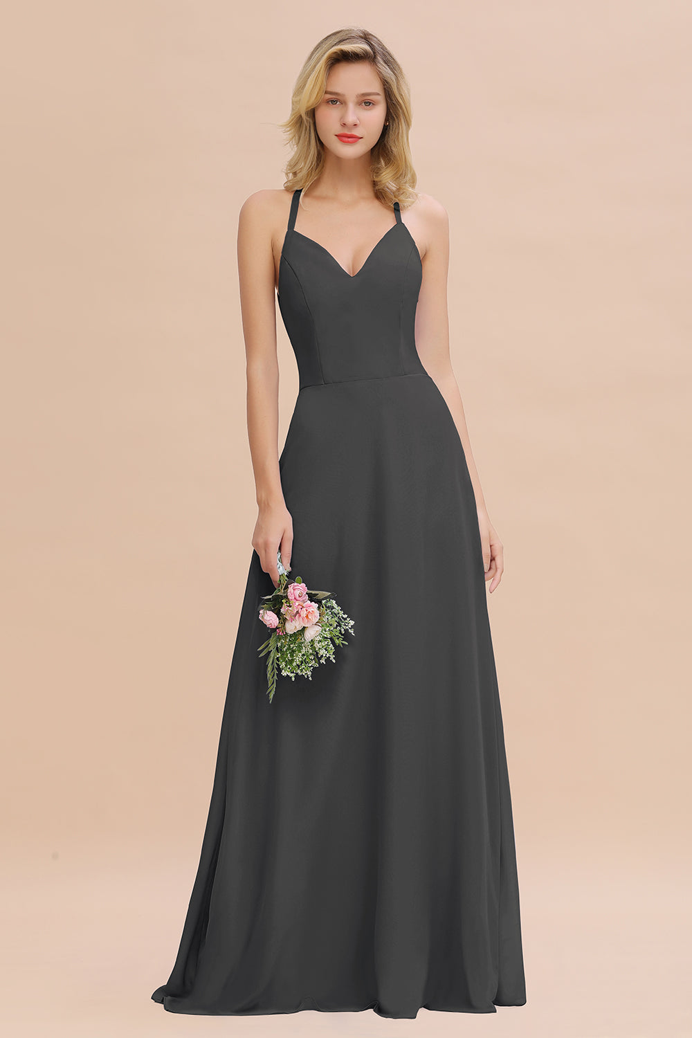 Modest Halter V-Neck Sleeveless Long Bridesmaid Dresses Online-Babyonlines