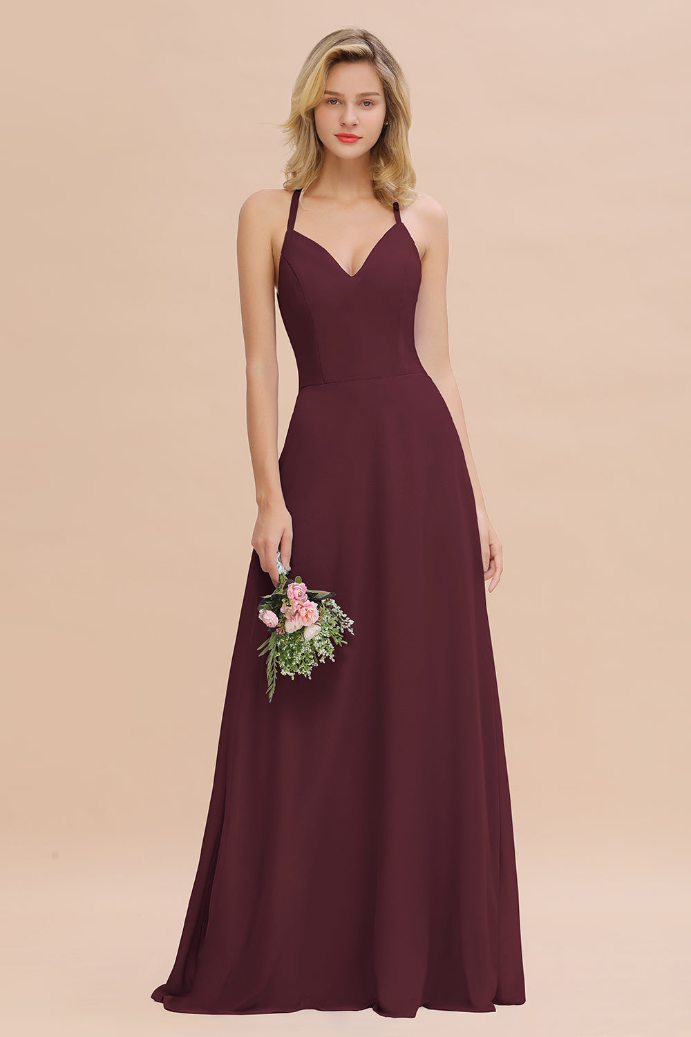 Modest Halter V-Neck Sleeveless Long Bridesmaid Dresses Online-Babyonlines