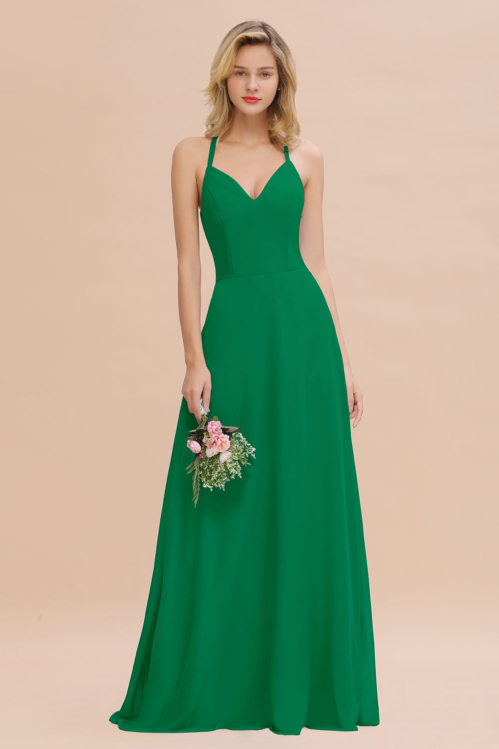 Modest Halter V-Neck Sleeveless Long Bridesmaid Dresses Online-Babyonlines
