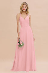 Modest Halter V-Neck Sleeveless Long Bridesmaid Dresses Online-Babyonlines