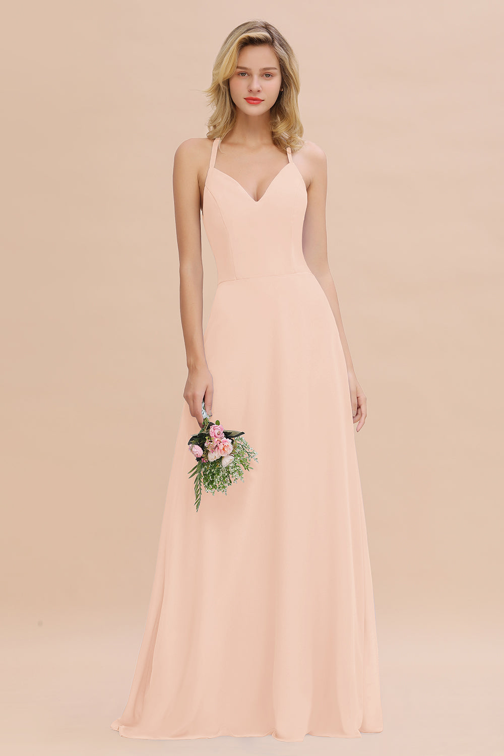 Modest Halter V-Neck Sleeveless Long Bridesmaid Dresses Online-Babyonlines