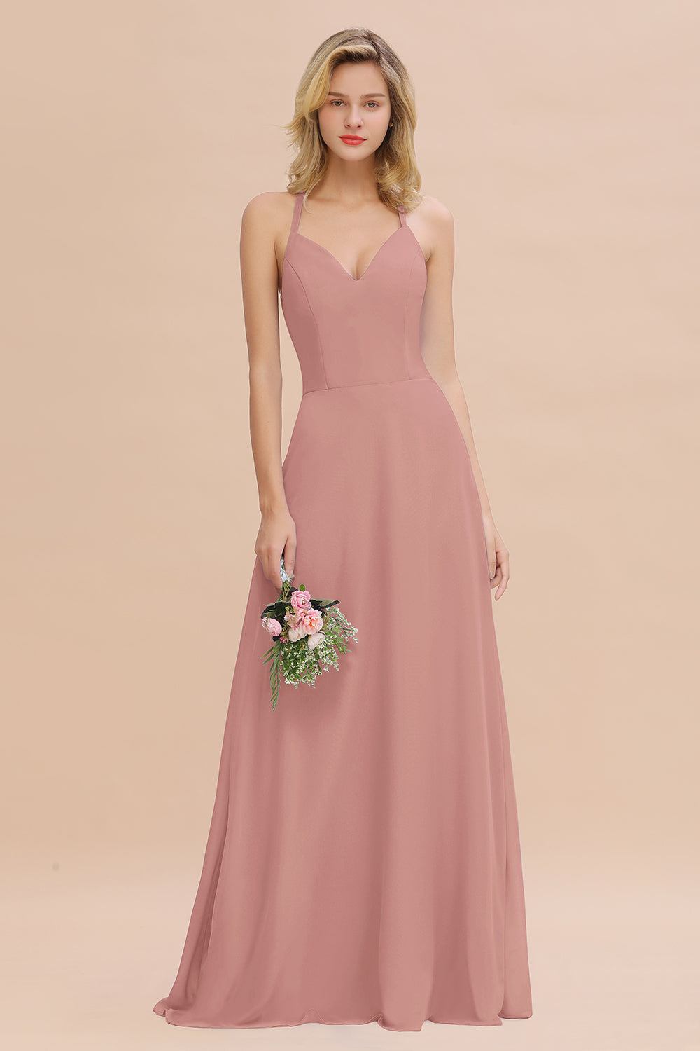 Modest Halter V-Neck Sleeveless Long Bridesmaid Dresses Online-Babyonlines