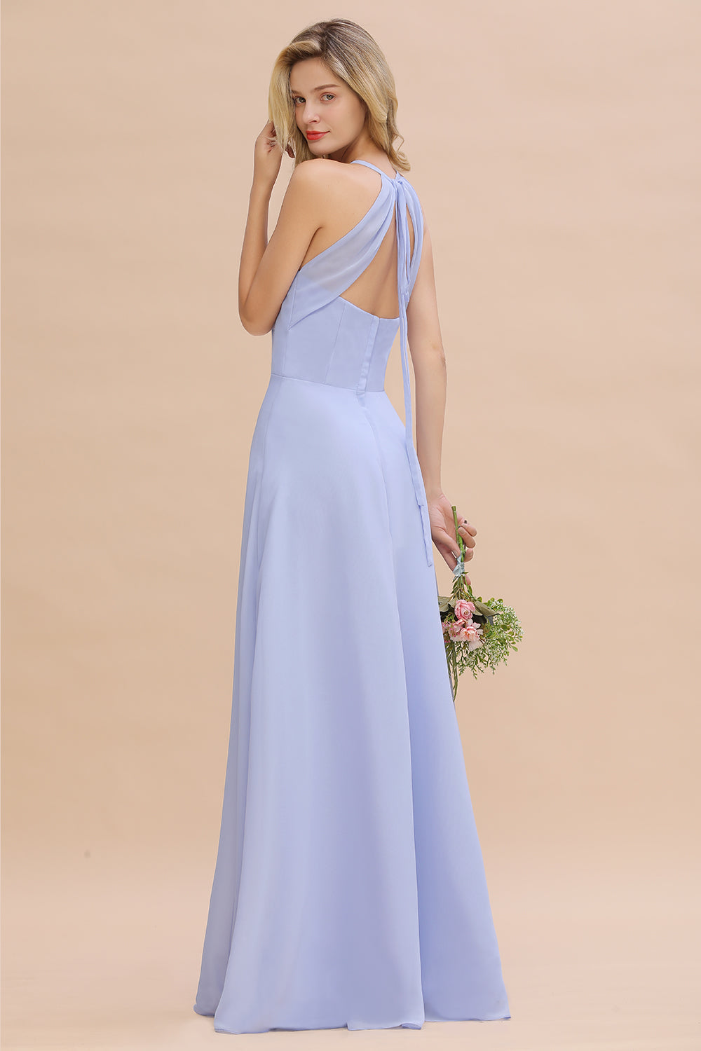 Modest Halter V-Neck Sleeveless Long Bridesmaid Dresses Online-Babyonlines