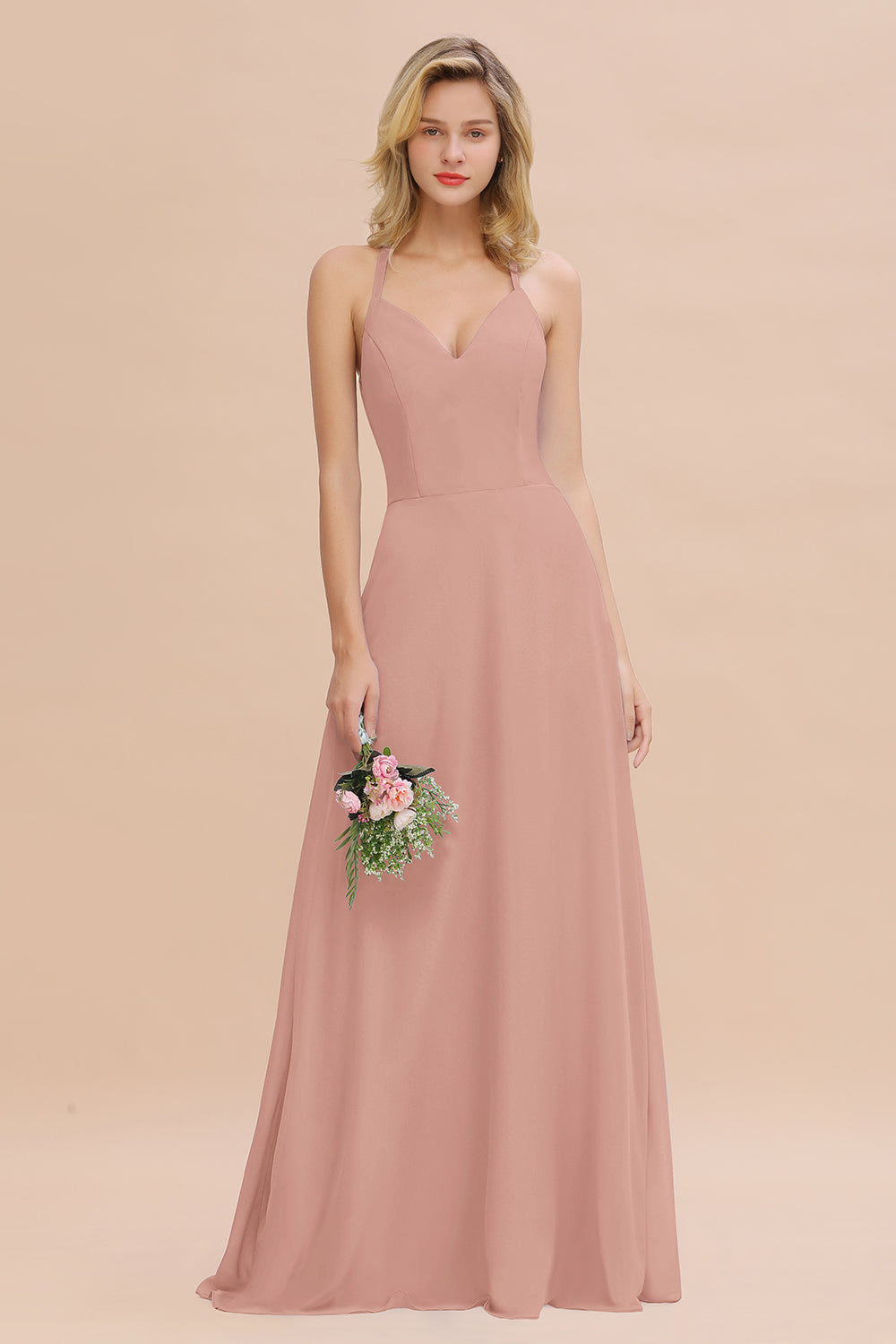 Modest Halter V-Neck Sleeveless Long Bridesmaid Dresses Online-Babyonlines