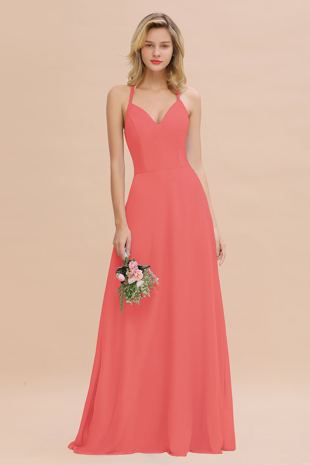 Modest Halter V-Neck Sleeveless Long Bridesmaid Dresses Online-Babyonlines