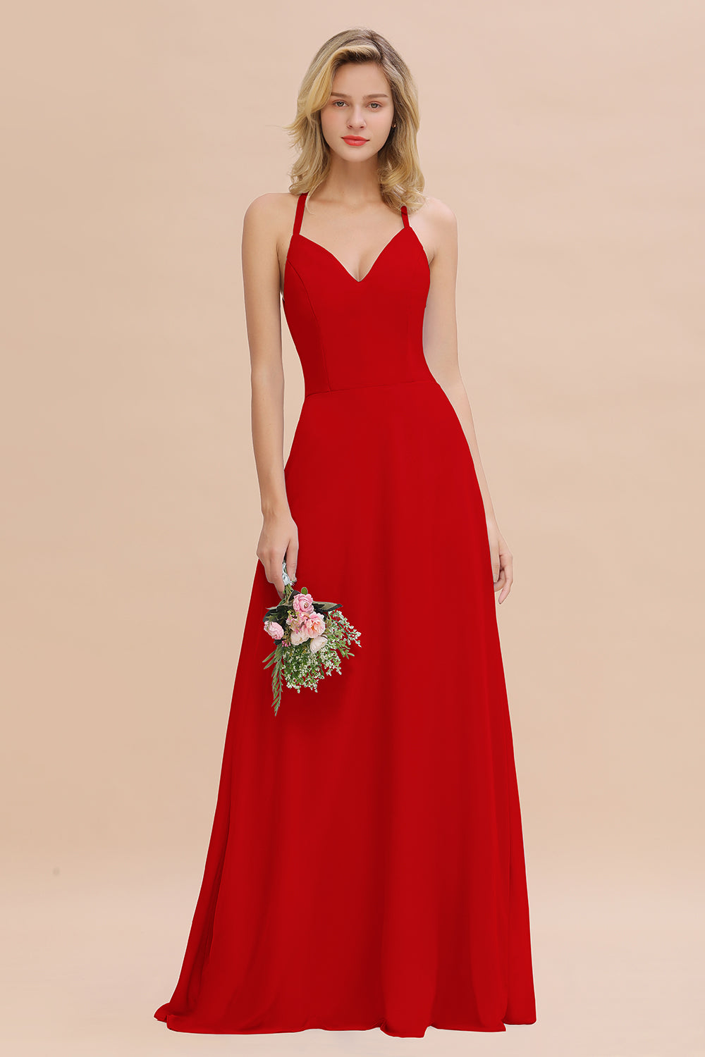Modest Halter V-Neck Sleeveless Long Bridesmaid Dresses Online-Babyonlines