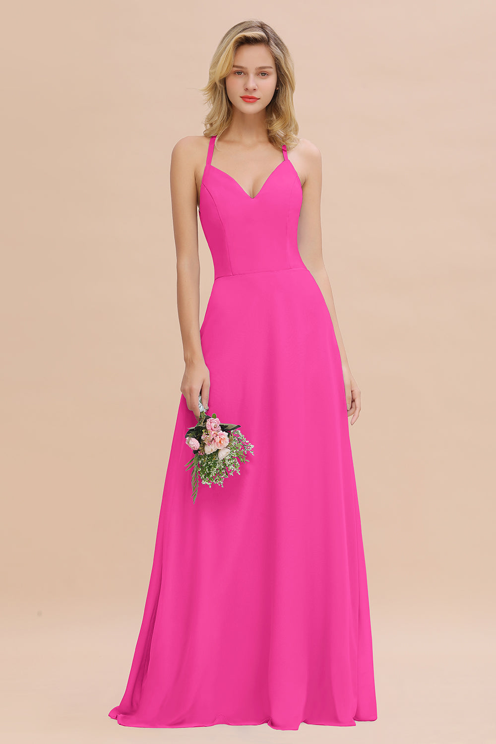Modest Halter V-Neck Sleeveless Long Bridesmaid Dresses Online-Babyonlines