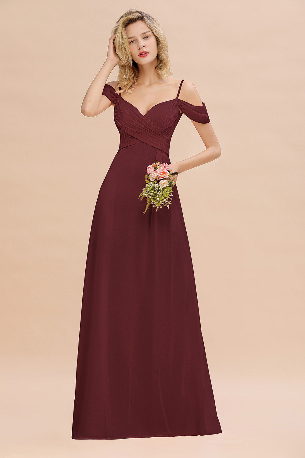 Off-the-Shoulder Sweetheart Ruched Long Bridesmaid Dress Online-Babyonlines