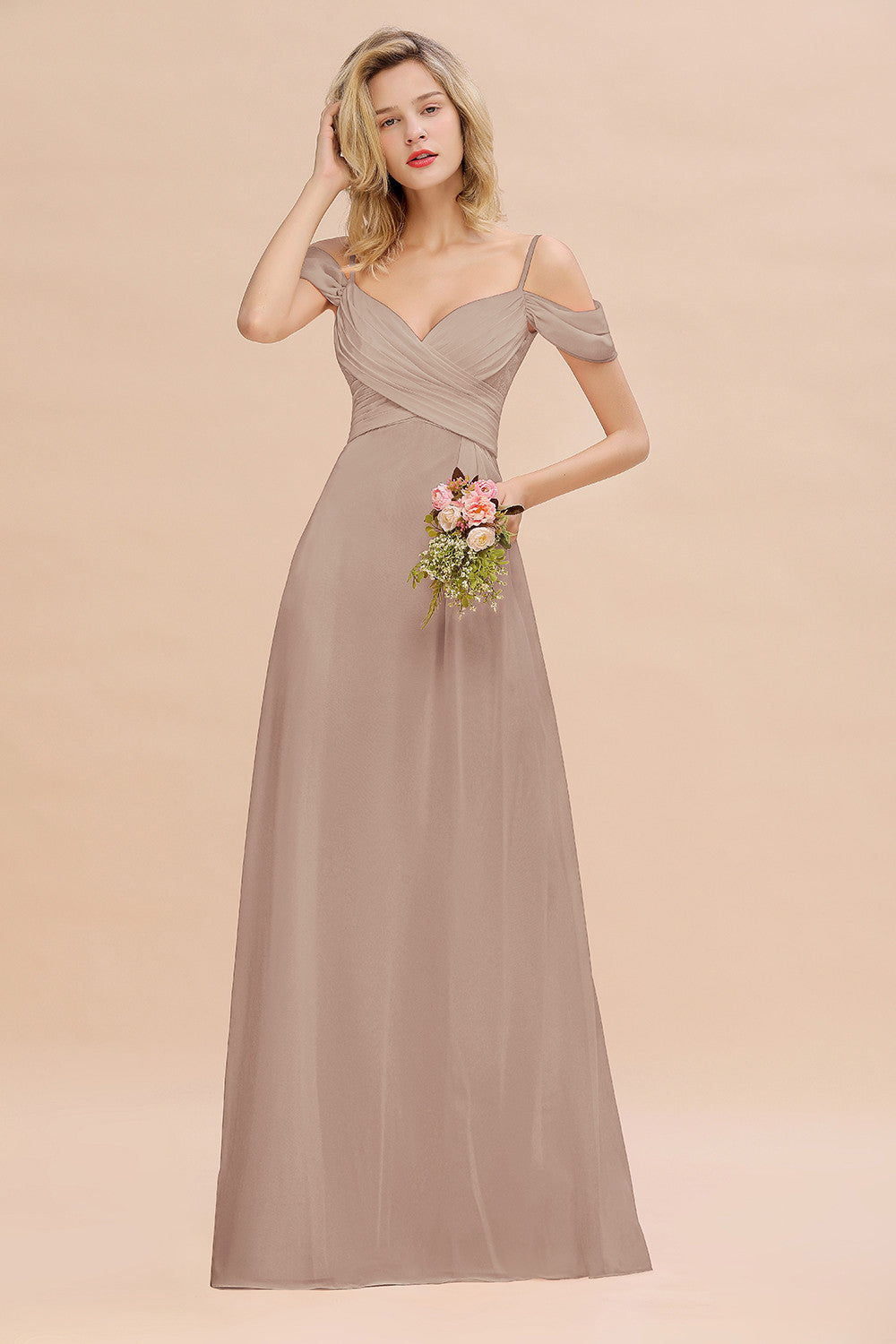 Off-the-Shoulder Sweetheart Ruched Long Bridesmaid Dress Online-Babyonlines