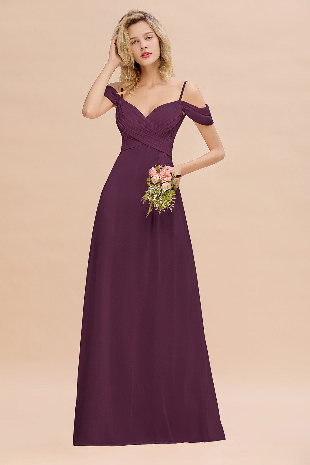 Off-the-Shoulder Sweetheart Ruched Long Bridesmaid Dress Online-Babyonlines