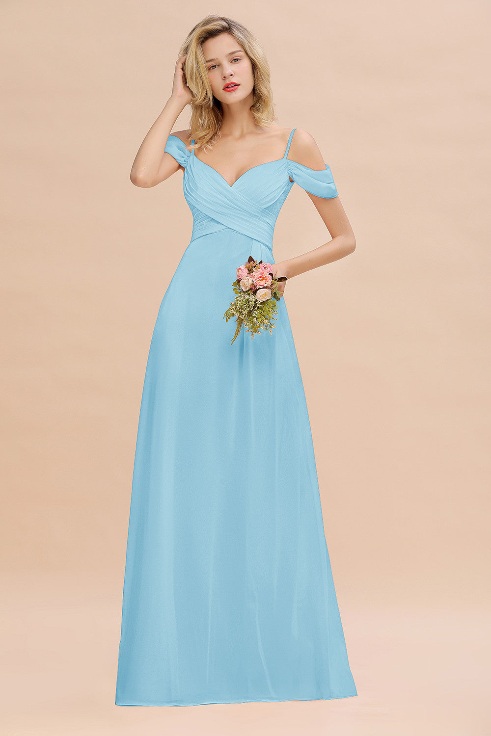 Off-the-Shoulder Sweetheart Ruched Long Bridesmaid Dress Online-Babyonlines