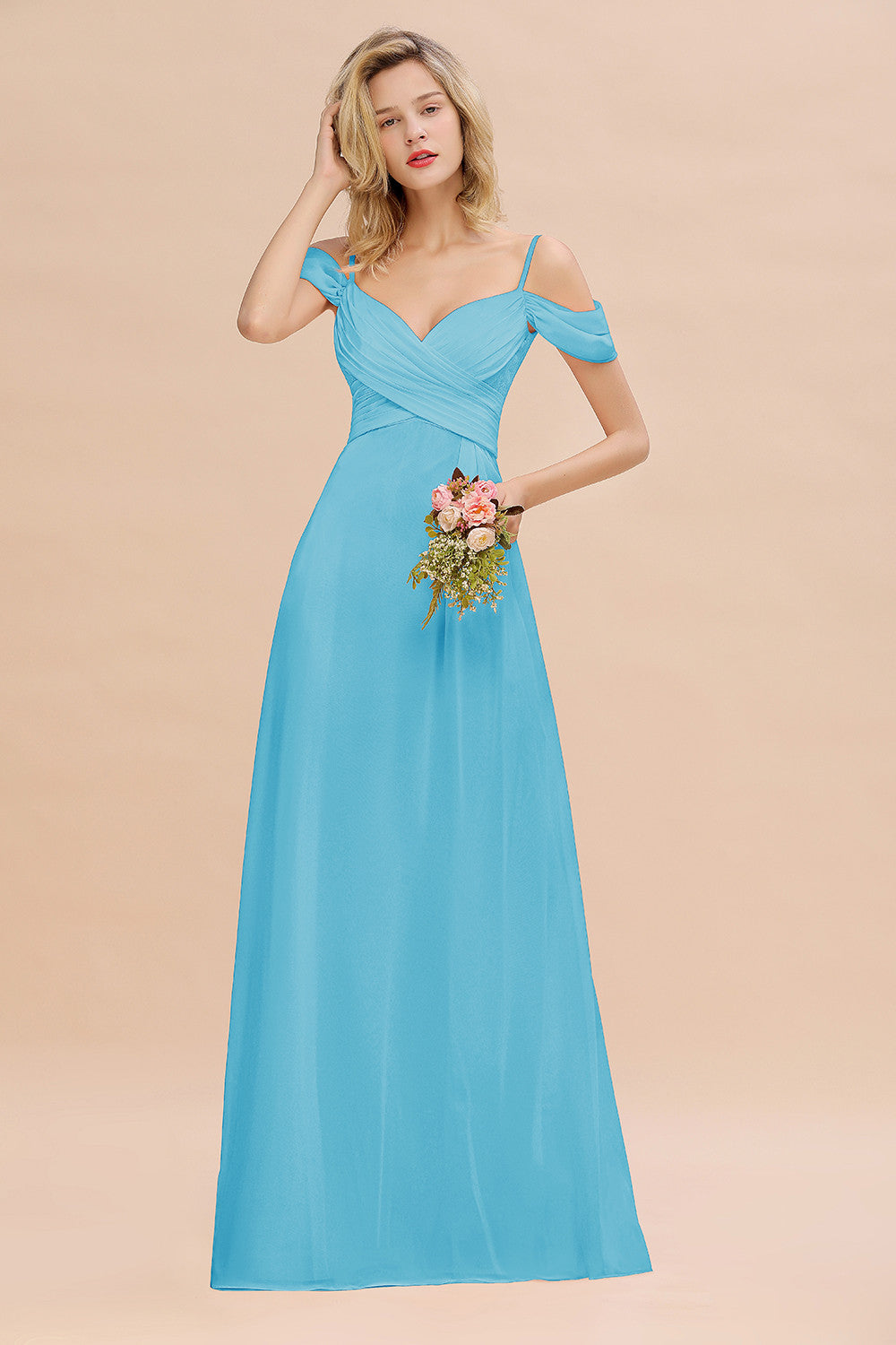 Off-the-Shoulder Sweetheart Ruched Long Bridesmaid Dress Online-Babyonlines