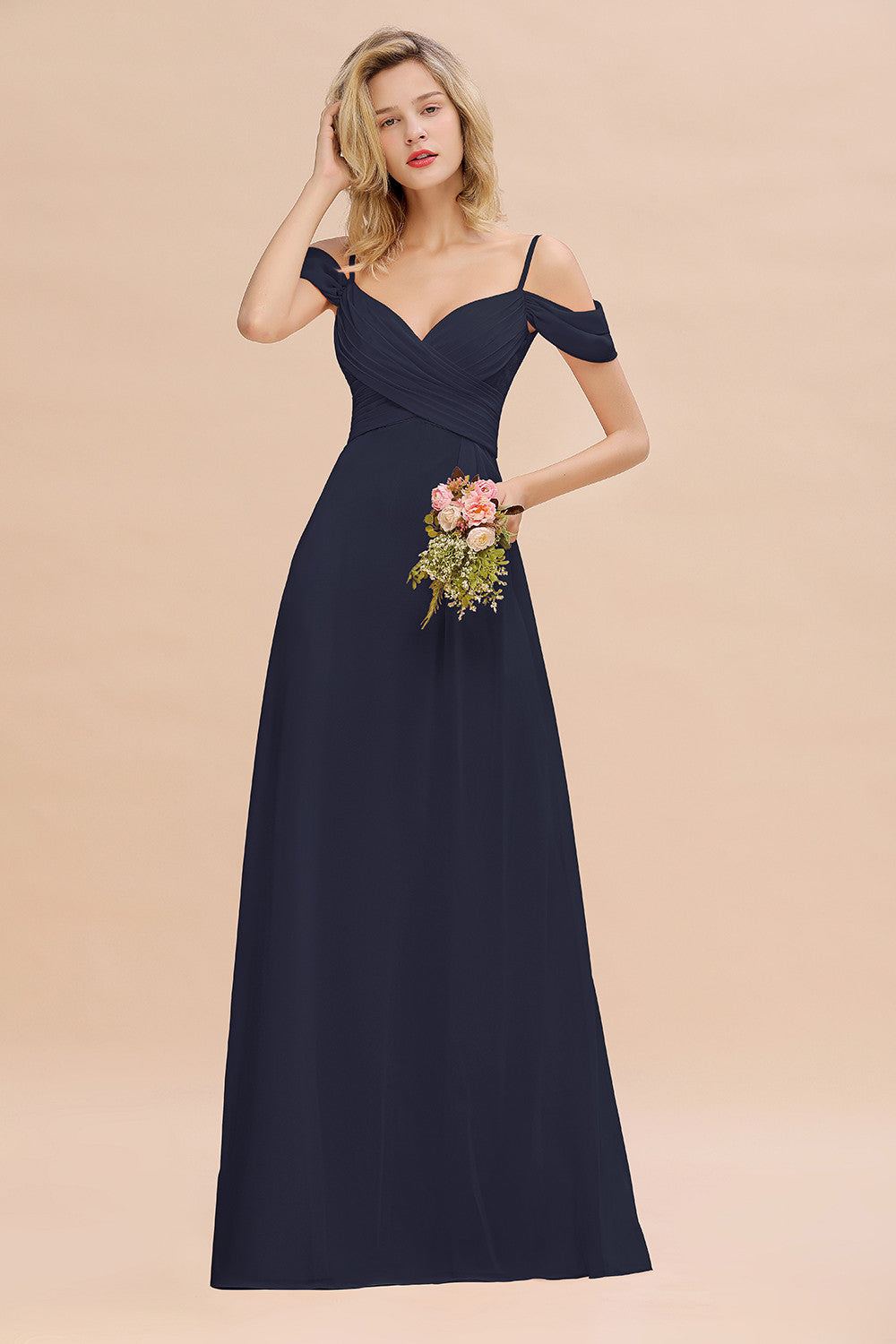 Off-the-Shoulder Sweetheart Ruched Long Bridesmaid Dress Online-Babyonlines
