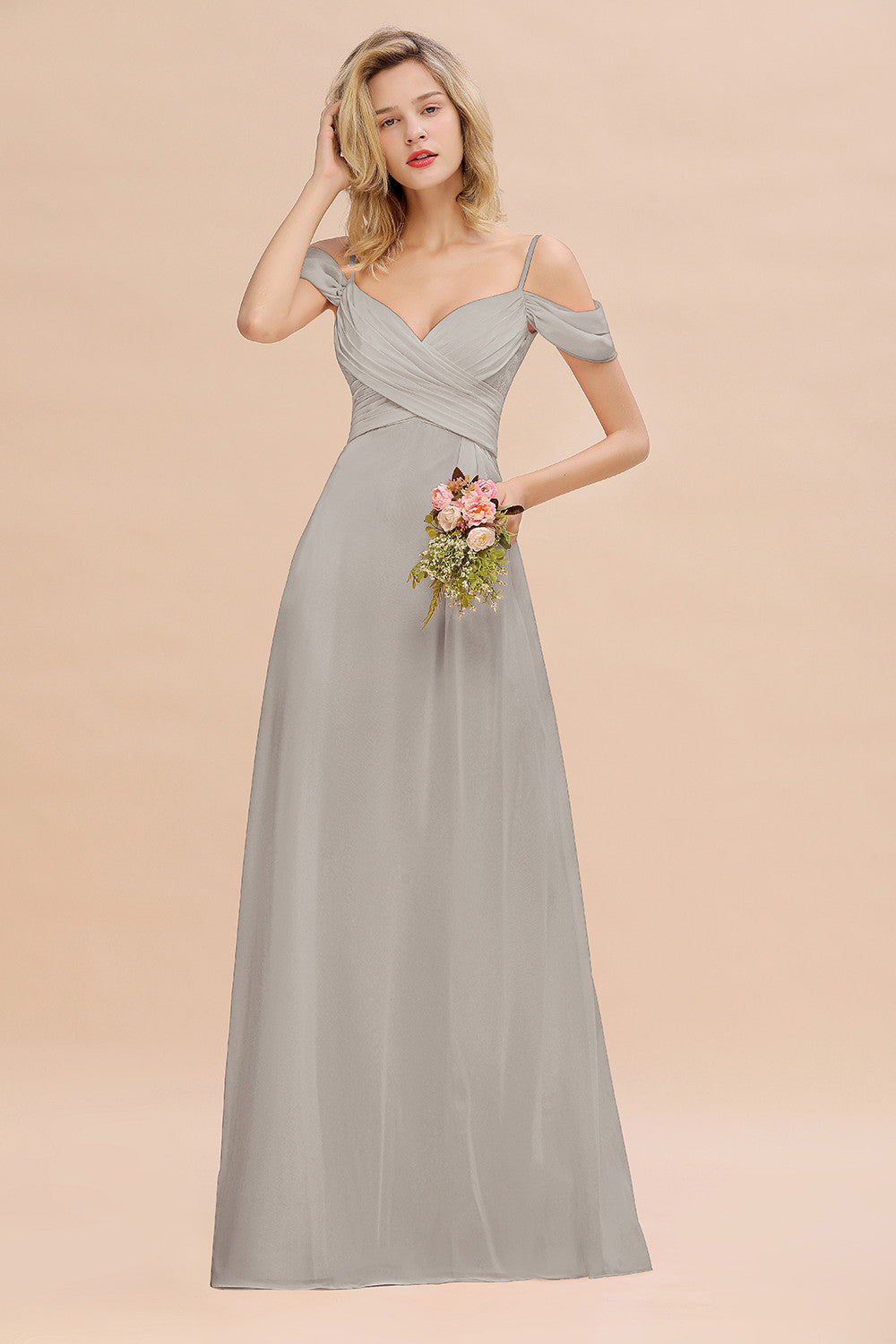 Off-the-Shoulder Sweetheart Ruched Long Bridesmaid Dress Online-Babyonlines
