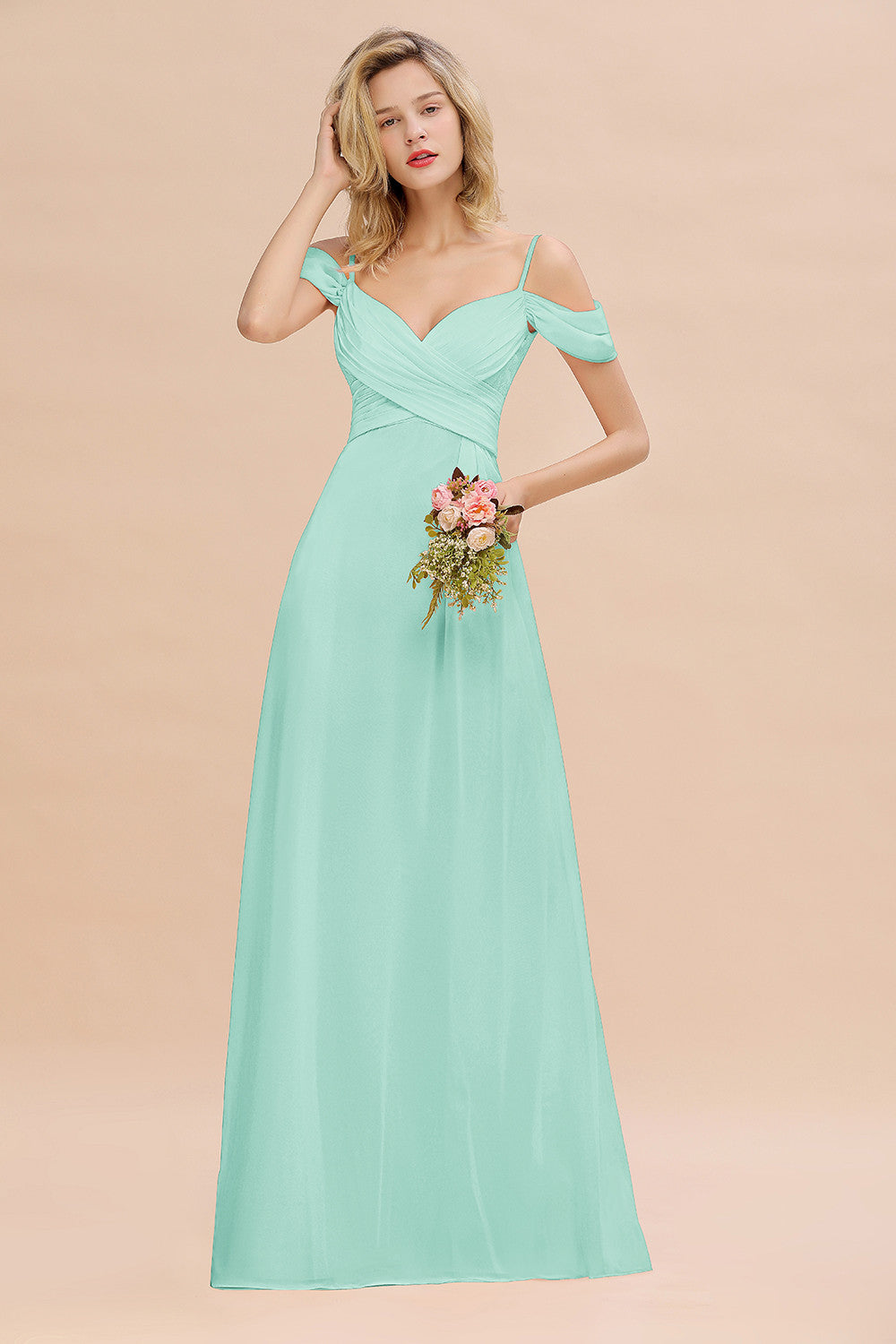 Off-the-Shoulder Sweetheart Ruched Long Bridesmaid Dress Online-Babyonlines
