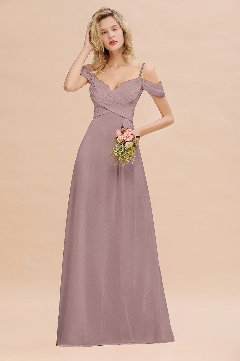 Off-the-Shoulder Sweetheart Ruched Long Bridesmaid Dress Online-Babyonlines