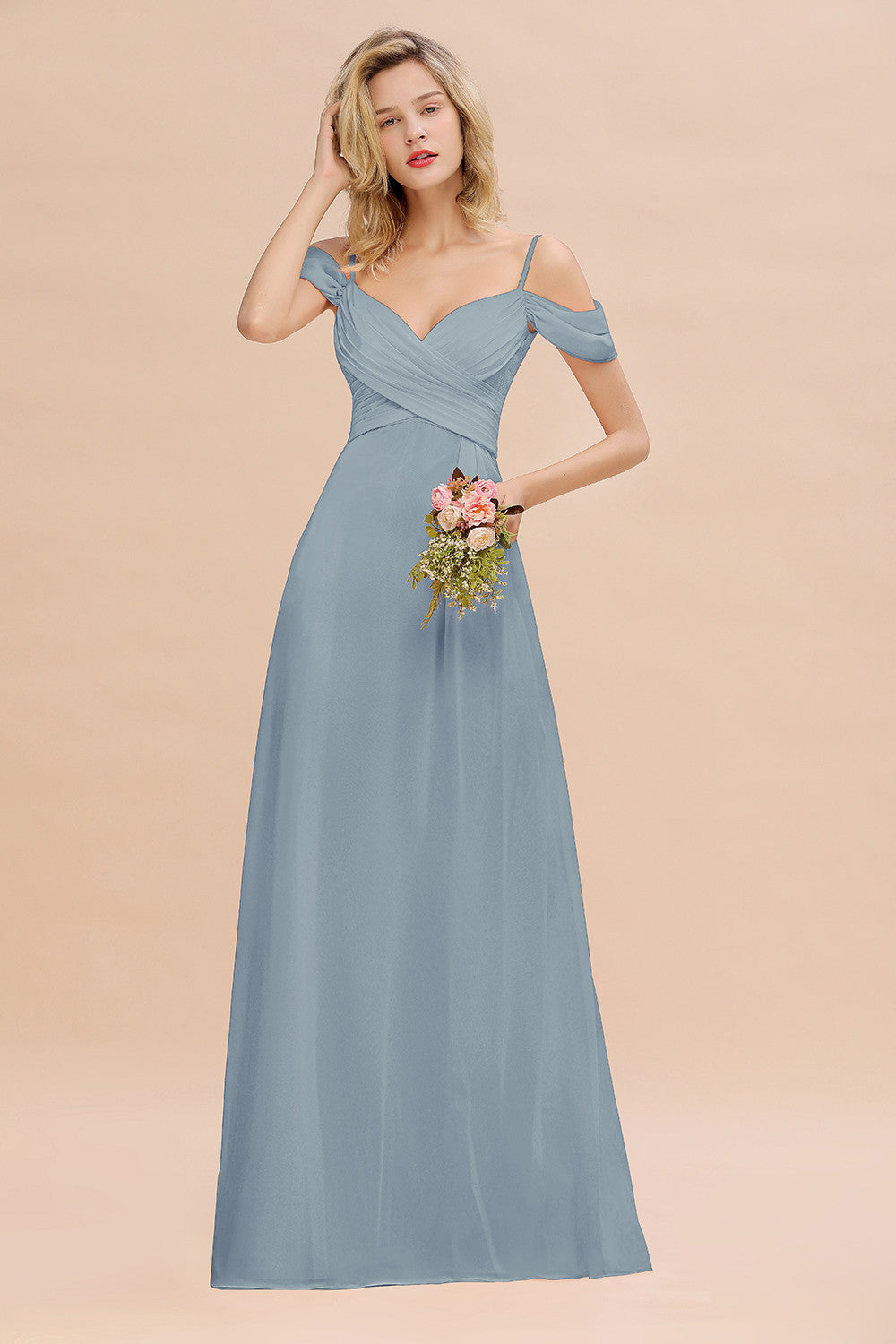 Off-the-Shoulder Sweetheart Ruched Long Bridesmaid Dress Online-Babyonlines