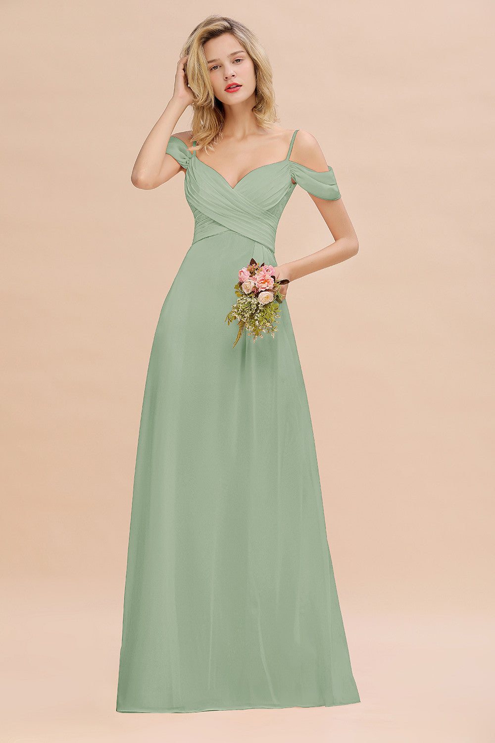 Off-the-Shoulder Sweetheart Ruched Long Bridesmaid Dress Online-Babyonlines